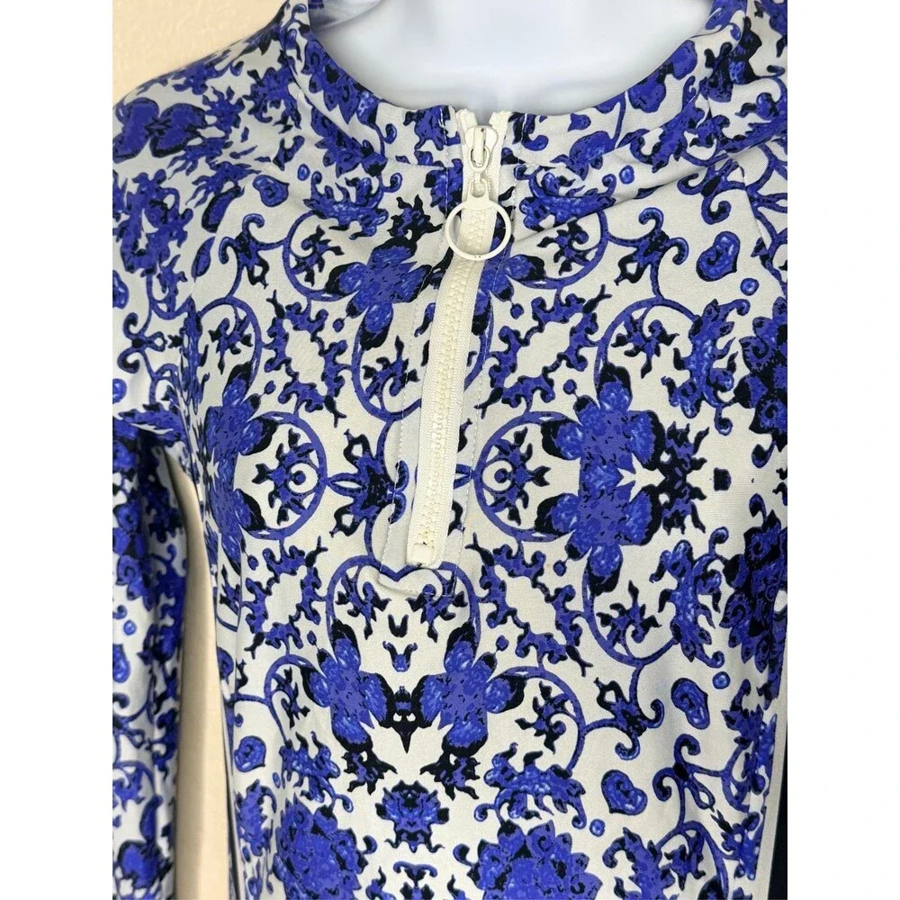 Nanette Lepore Blue Floral Long Sleeve Quarter Zip Rash Guard Swim Top sz M